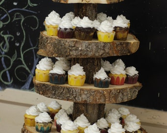 Rustic Wood Tree Slice 4-tier Cupcake Stand for your Wedding, Event, or Party (As seen on HGTV.com) Vintage, Shabby Chic, Heart and Arrow