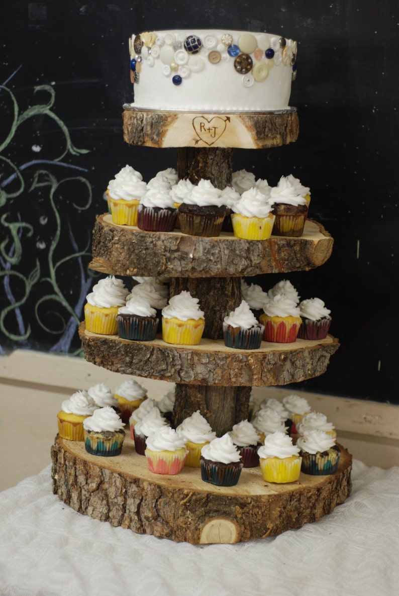 Rustic Wood Tree Slice 4 Tier Cupcake Stand For Your Wedding Event Or Party As Seen On Com Vintage Shabby Chic Heart And Arrow