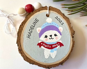 POLAR BEAR - Handpainted Custom Christmas Ornament - Wood - Customizable - Cute Gift Present- Made in Colorado- Baby's First - Personalized