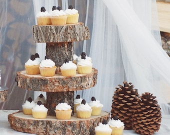 Rustic Wood Tree Slice 3-tier Cake and Cupcake Stand for your Wedding, Event, or Party - Barn, Country, Woodland, Outdoor - THE ORIGINAL