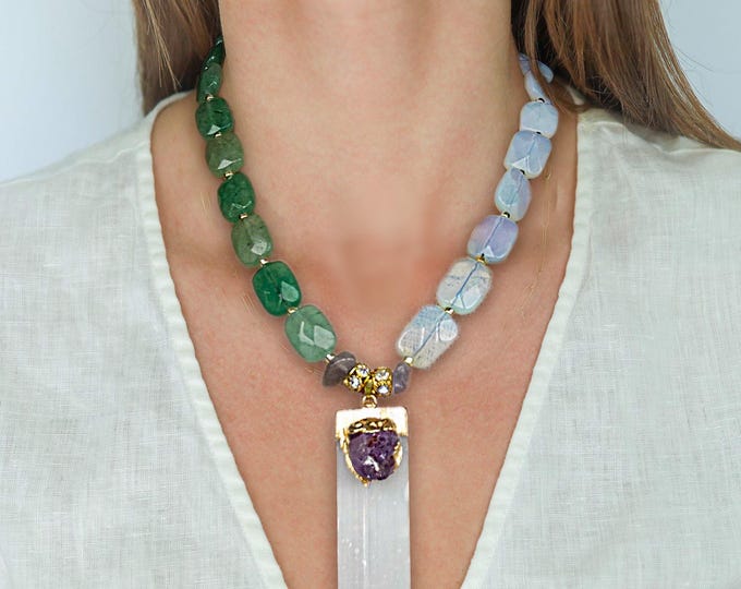 Featured listing image: Green aventurine and opal necklace with selenite and amethyst pendant. Handmade vintage necklace. Gift for women and girls.