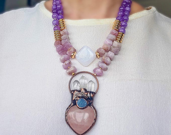 Featured listing image: Amethyst Necklace Pink Kunzite Jewelry Handmade Pendant Gift For Her Jewelry Artisan Design Wife Gift Idea Mother day Gift Colorful Gemstone