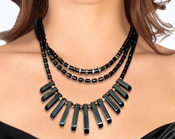 Featured listing image: Multi-stranded Hematite Beads Stunning Necklace Gold Plate Chic Jewelry Bohemian Style Contemporary Design Stylish Present for Her Everyday