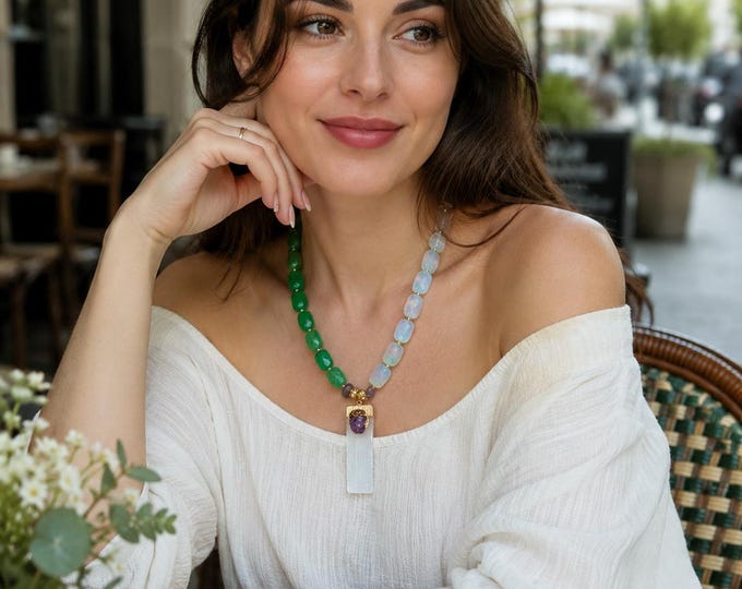 Featured listing image: Handmade Green Aventurine Opal Necklace: Selenite Amethyst Pendant
