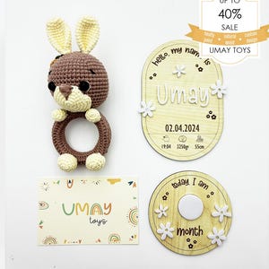 Ensemble cadeau personnalisé : faire-part de naissance souvenir avec cartes d'étapes importantes et hochet lapin au crochet, ensemble-cadeau fait main pour nouveau-né non sexiste