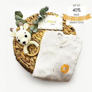 Handmade Custom Gift Set: Cotton Romper with Crochet Amigurumi Toy, Unique Handcrafted Gift, Gender Neutral Gift Set Baby Boy and Baby Girl