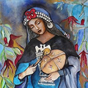 Kuyén y Copihue, Mapuche Goddess, Mapuche Shaman art on canvas, Ancestor Altar, Past Lives, Drum Circle Goddess Art print,  Moon Goddess