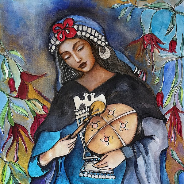 Kuyén y Copihue, Mapuche Goddess, Mapuche Shaman art on canvas, Ancestor Altar, Past Lives, Drum Circle Goddess Art print,  Moon Goddess