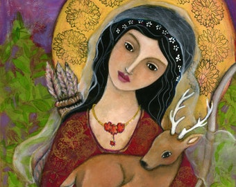 Goddess Art Print, Goddess Artemis painting on canvas, Goddess of the Hunt art, Sacred Feminine Art, Pagan Altar, Goddess Altar, Alter decor