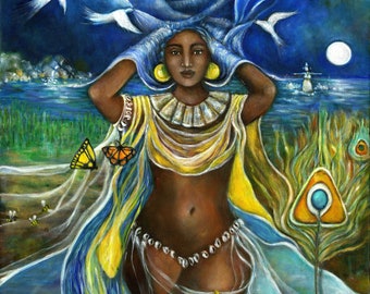 Oshun wall art painting, Yoruba Goddess Art,  Orisha Altar Art, Yoruba altar art, Orisha Art Print, African Love Goddess, Santeria Altar Art