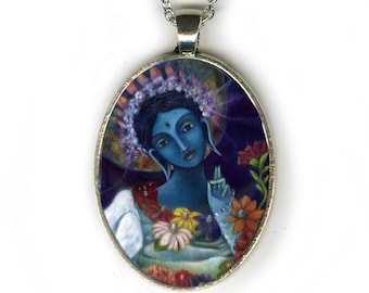 Blue Tara Goddess pendant, Protection necklace, Transmutation of Anger Buddhist mini print wearable art Jewelry - Buddhist necklace