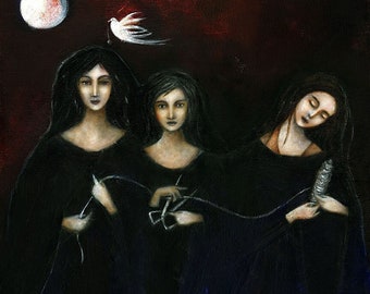 Lámina artística de las Parcas, arte de las Moiras sobre lienzo, arte mural de diosas, diosas del destino, arte sagrado pagano, altar del destino, decoración de altar pagano