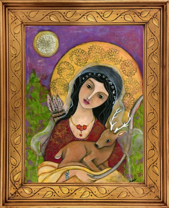 Artemis painting on canvas, Goddess of the Hunt, Protector, Sacred Feminine Art, Pagan Altar, Goddess Art print