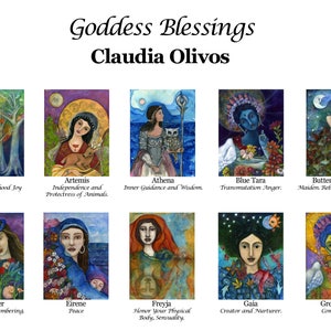 May include: A colorful illustration of ten goddess figures, each with a unique name and description. The illustrations are painted in a whimsical style with vibrant colors and intricate details.