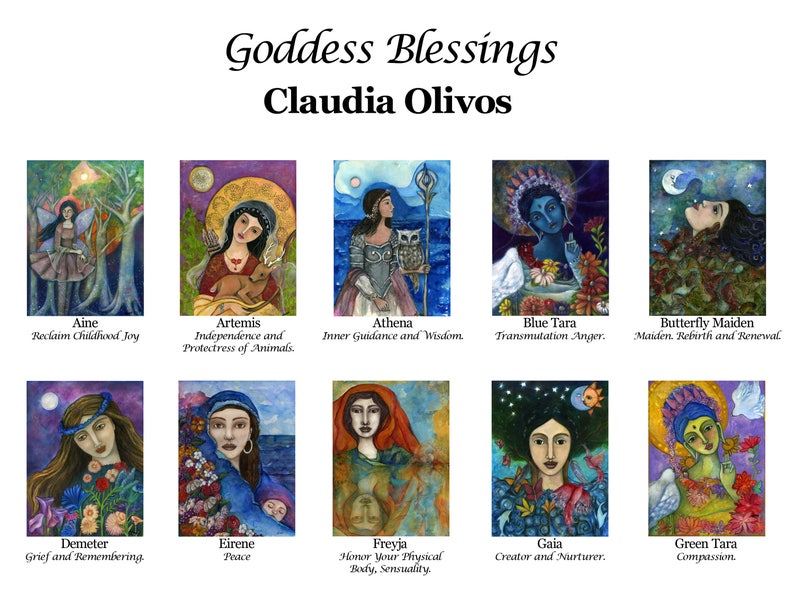 May include: A colorful illustration of ten goddess figures, each with a unique name and description. The illustrations are painted in a whimsical style with vibrant colors and intricate details.