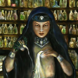 a woman with a serious expression, wearing a black hooded cloak and holding a white object, standing in front of a shelf filled with various bottles and jars.