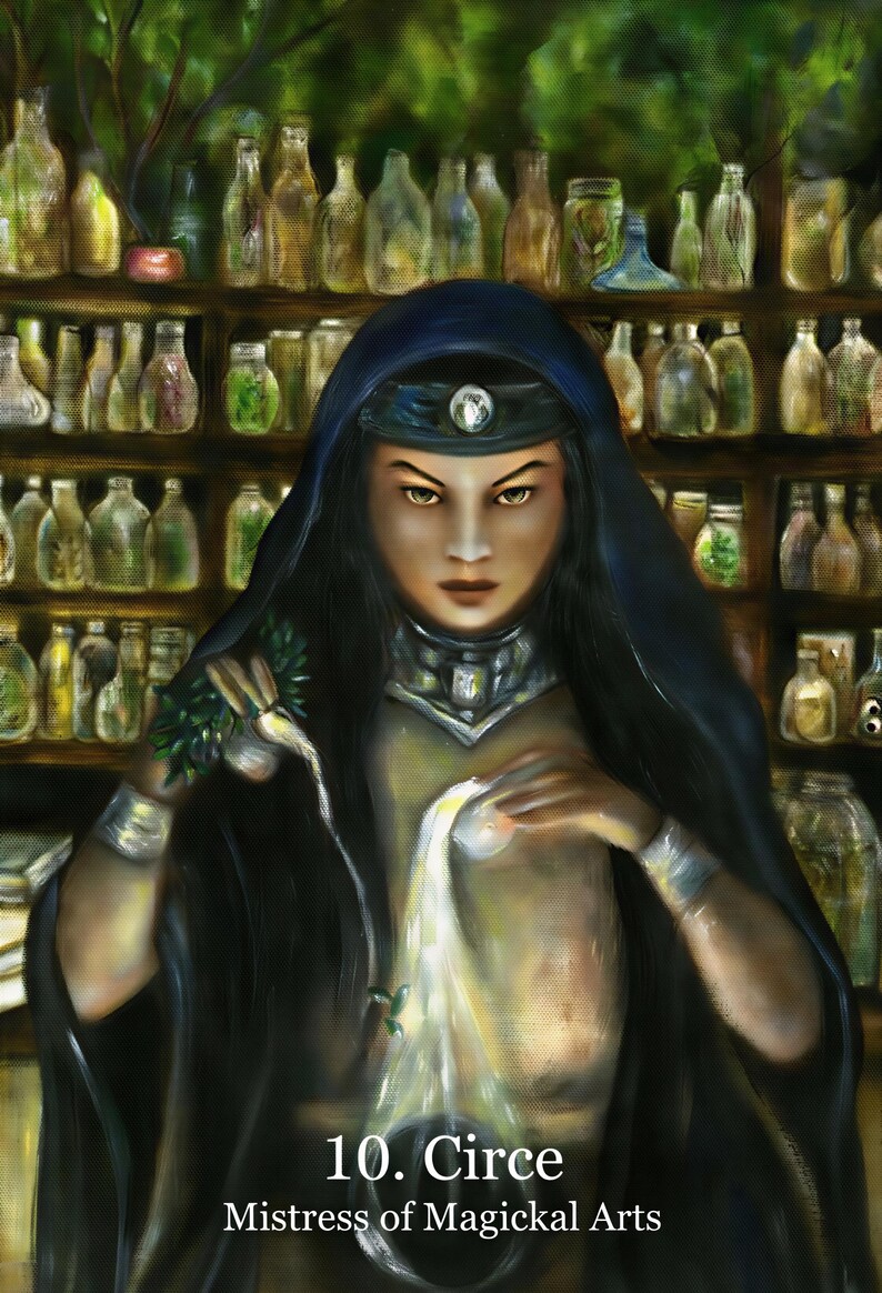 a woman with a serious expression, wearing a black hooded cloak and holding a white object, standing in front of a shelf filled with various bottles and jars.