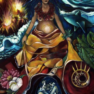 The image is a vibrant and colorful depiction of a woman surrounded by various elements, including a large explosion, a flower, and a bird. The woman appears to be a goddess or deity, with a radiant and powerful presence. The image is a collage of different elements, creating a sense of depth and complexity. The title "34. Pele" is prominently displayed, suggesting the image may be related to a specific deity or mythology.
