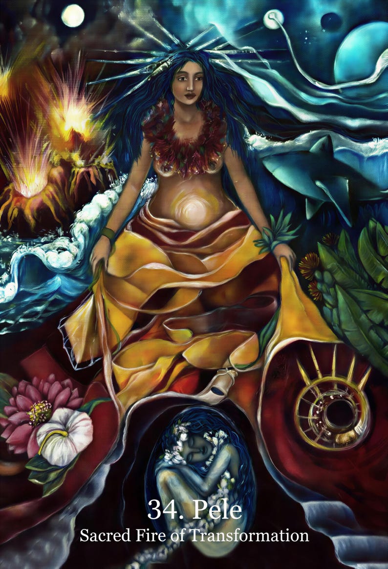 The image is a vibrant and colorful depiction of a woman surrounded by various elements, including a large explosion, a flower, and a bird. The woman appears to be a goddess or deity, with a radiant and powerful presence. The image is a collage of different elements, creating a sense of depth and complexity. The title "34. Pele" is prominently displayed, suggesting the image may be related to a specific deity or mythology.