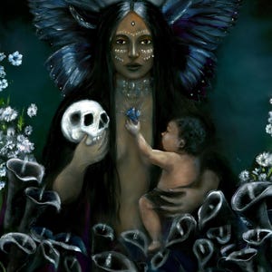 a woman with long black hair holding a skull and a baby, surrounded by a dark, mysterious background with flowers and plants.