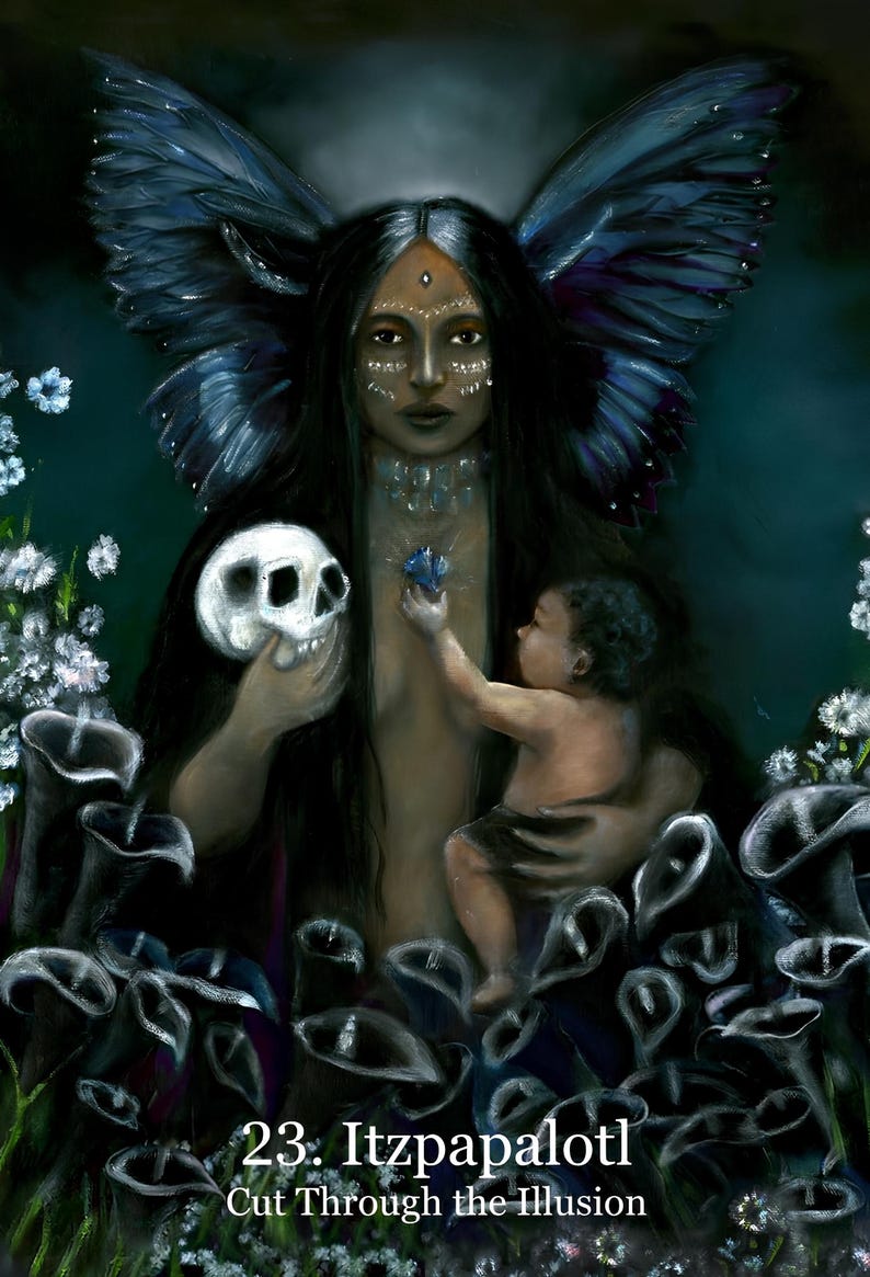 a woman with long black hair holding a skull and a baby, surrounded by a dark, mysterious background with flowers and plants.