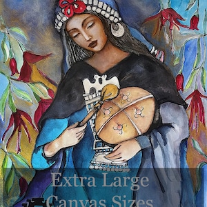 May include: A watercolor painting depicts a person wearing a blue headpiece with a red flower, a black shawl, and a blue garment. They hold a tan drum with circular symbols and a mallet. Red fuchsia flowers frame the figure. Text reads Extra Large Canvas Sizes.