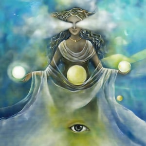The image is a digital illustration featuring a female figure with a radiant aura, surrounded by floating celestial elements and a large eye-like symbol.