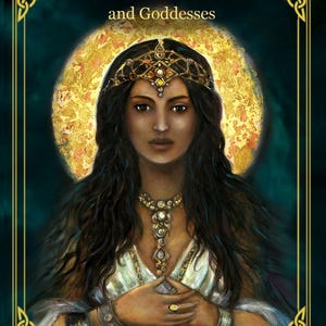 a woman with long dark hair wearing a headdress and jewelry, standing in front of a golden background.