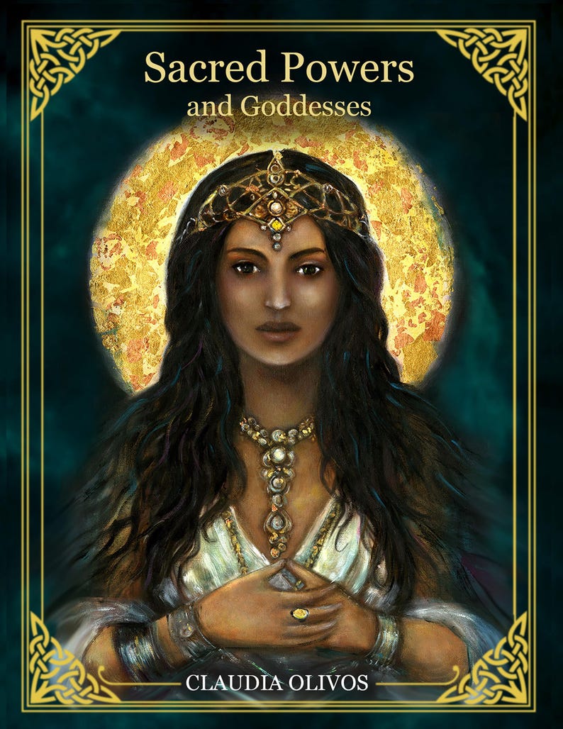 a woman with long dark hair wearing a headdress and jewelry, standing in front of a golden background.