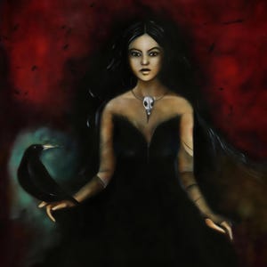 a woman with long dark hair wearing a black dress, standing in front of a dark red background.