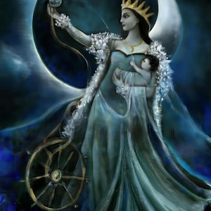 A digital illustration depicting a woman in a flowing green dress holding a globe and a baby, with a crescent moon and a wheel in the background.