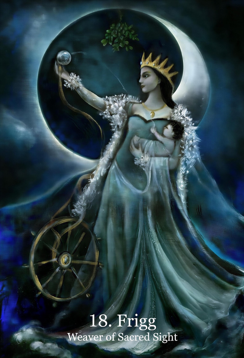 A digital illustration depicting a woman in a flowing green dress holding a globe and a baby, with a crescent moon and a wheel in the background.