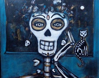 Catrina and Cat, Day of the Dead Skeleton, Dia de Los Muertos Wall Art-Original Acrylic Painting on Canvas