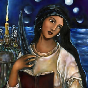 A woman with long dark hair is depicted holding a feather and reading a book, set against a dark blue background with moon phases visible.