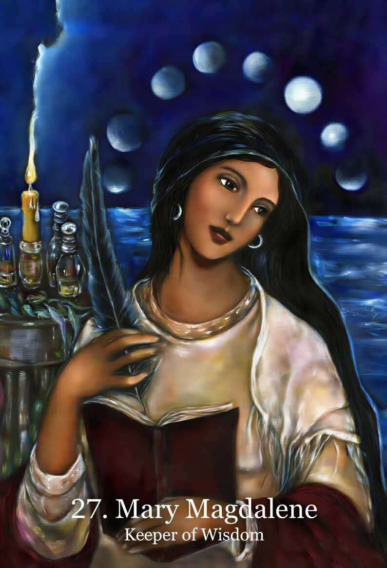 A woman with long dark hair is depicted holding a feather and reading a book, set against a dark blue background with moon phases visible.
