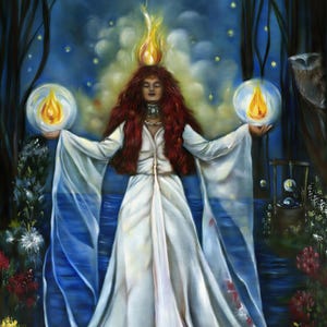 A woman with long red hair wearing a white dress stands in a forest, holding two glowing objects in her hands.