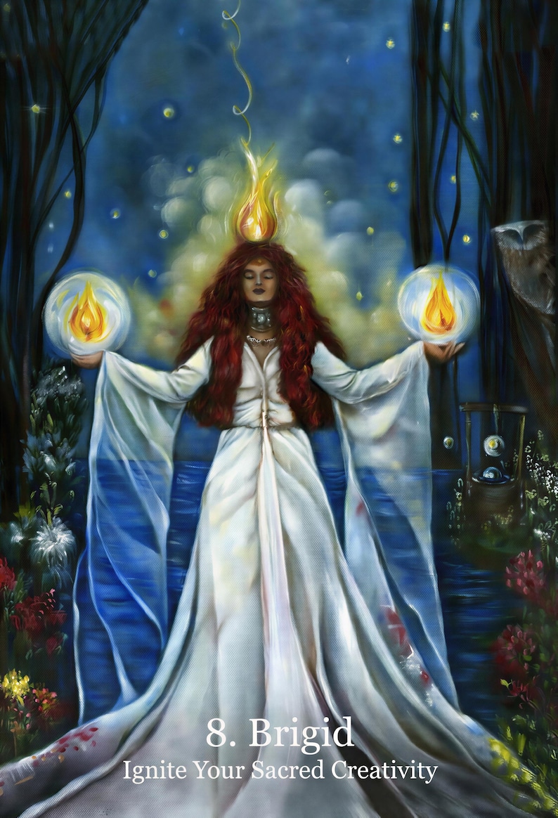 A woman with long red hair wearing a white dress stands in a forest, holding two glowing objects in her hands.