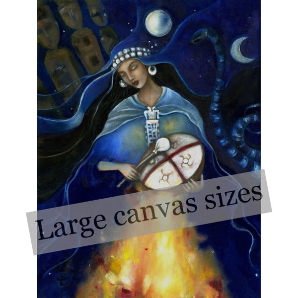 Kuyén, Large Reproduction on cavnas, Mapuche Shaman art on canvas, Ancestor Altar, Past Lives, Drum Circle Goddess Art print, Moon Goddess