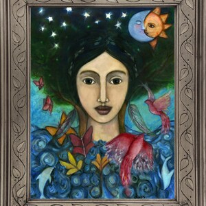 May include: A painting of a woman with dark hair and a blue dress. She is surrounded by butterflies, birds, and leaves. The background is a dark blue with stars and a crescent moon.