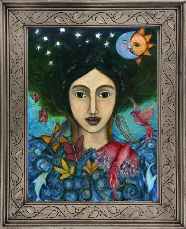 May include: A painting of a woman with dark hair and a blue dress. She is surrounded by butterflies, birds, and leaves. The background is a dark blue with stars and a crescent moon.