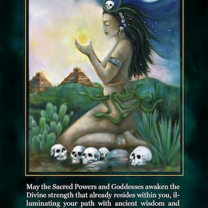The image is a painting depicting a woman with long hair and a headdress, holding a yellow orb, surrounded by cacti and skulls in a desert landscape under a moonlit sky.