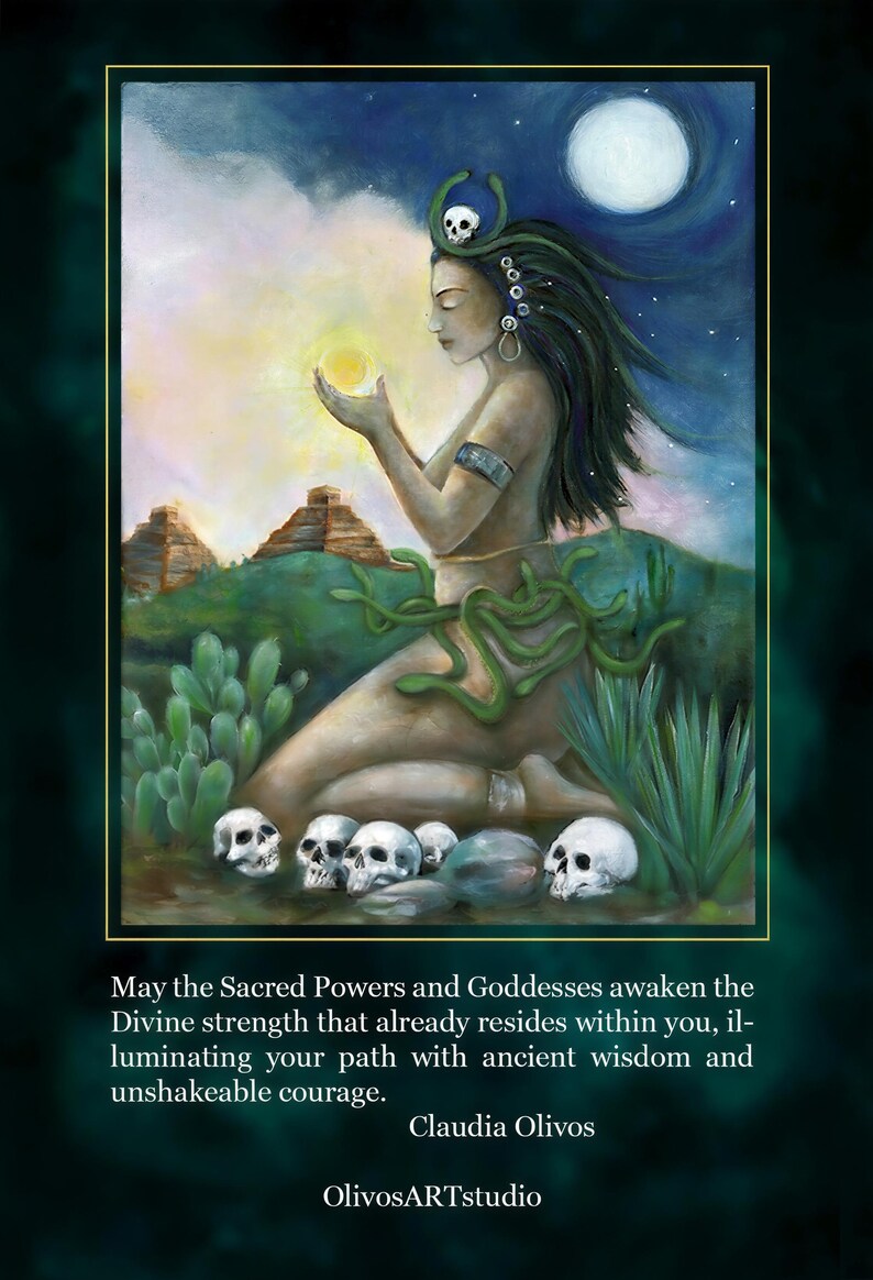 The image is a painting depicting a woman with long hair and a headdress, holding a yellow orb, surrounded by cacti and skulls in a desert landscape under a moonlit sky.