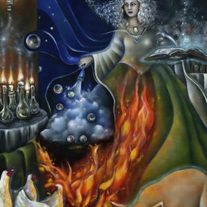 A woman with curly hair, wearing a green dress, is depicted in a mystical and fantastical setting, surrounded by various elements such as a bubbling cauldron, a fireplace, and a pig.