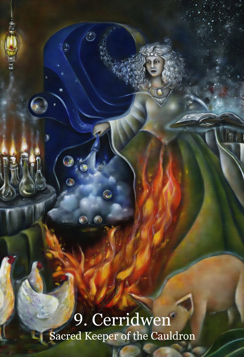 A woman with curly hair, wearing a green dress, is depicted in a mystical and fantastical setting, surrounded by various elements such as a bubbling cauldron, a fireplace, and a pig.