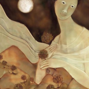 The image is a digital illustration featuring a woman with a serene expression, surrounded by a landscape with trees and a moon.