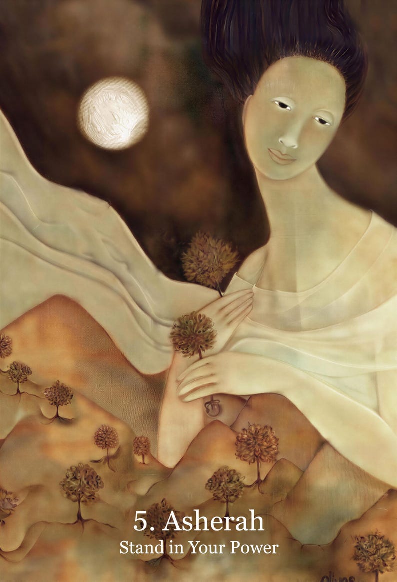 The image is a digital illustration featuring a woman with a serene expression, surrounded by a landscape with trees and a moon.
