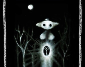 May include: The Espiritus Oracle Deck by Claudia Olivos features a black background with a white, glowing, ethereal figure centered in a dark forest. A bright moon shines above, and a small tree is visible within the figure's torso.