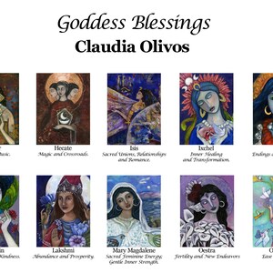May include: A colorful illustration of 10 goddesses with their names and descriptions. The goddesses are depicted in a variety of poses and settings, with each one representing a different aspect of the divine feminine. The artwork is vibrant and detailed, with a whimsical and spiritual feel.