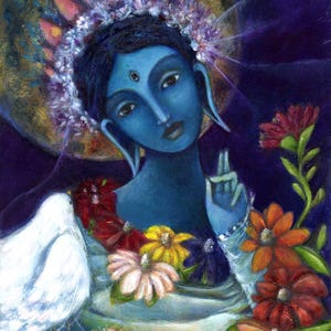 Blue Tara painting on canvas, Buddhist wall art