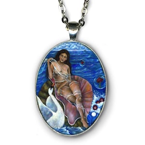 May include: An oval pendant necklace featuring a painting of a person draped in sheer fabric sitting in a large pink seashell on blue water. A white swan is positioned near the shell, and floating bubbles contain red roses and white spheres.